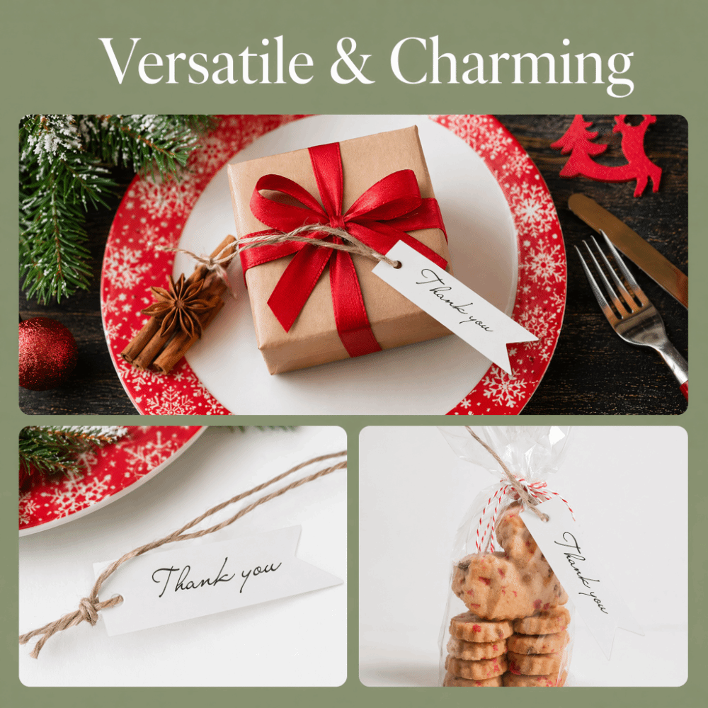 Kraft Hang Tag - ป้ายขอบคุณของขวัญกระดาษคราฟท์ 100 ชิ้น พิมพ์ลายขอบคุณ พร้อมรูเจาะสำเร็จ ป้ายกระดาษสีน้ำตาล-ขาวพร้อมเชือกป่านสำหรับแขวน