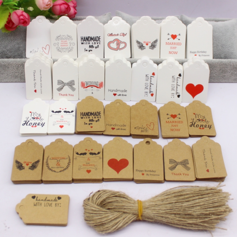 Kraft Hang Tag - 100ชิ้น+ 100สาย3x5ซม. สีขาว/กระดาษคราฟท์ ขอบคุณสําหรับงานฝีมือป้ายแขวนป้าย