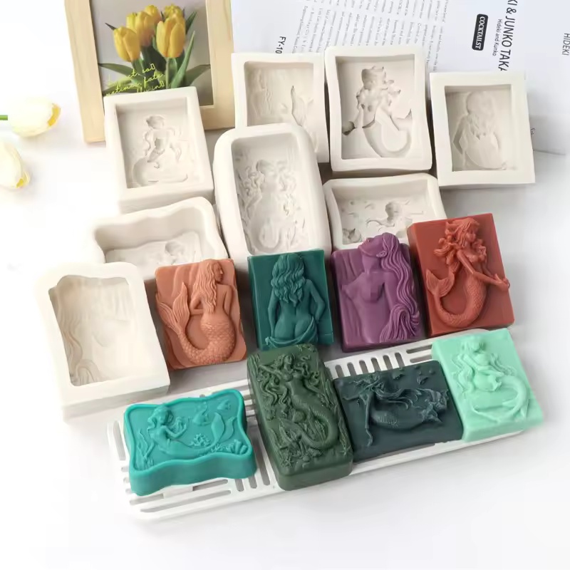 Candle Making Supplies For Beginners - แม่พิมพ์เทียนรูปนางเงือก 3 มิติ สไตล์มหาสมุทร แบบสี่เหลี่ยม แม่พิมพ์ซิลิโคนทำสบู่นางเงือกแบบนูน