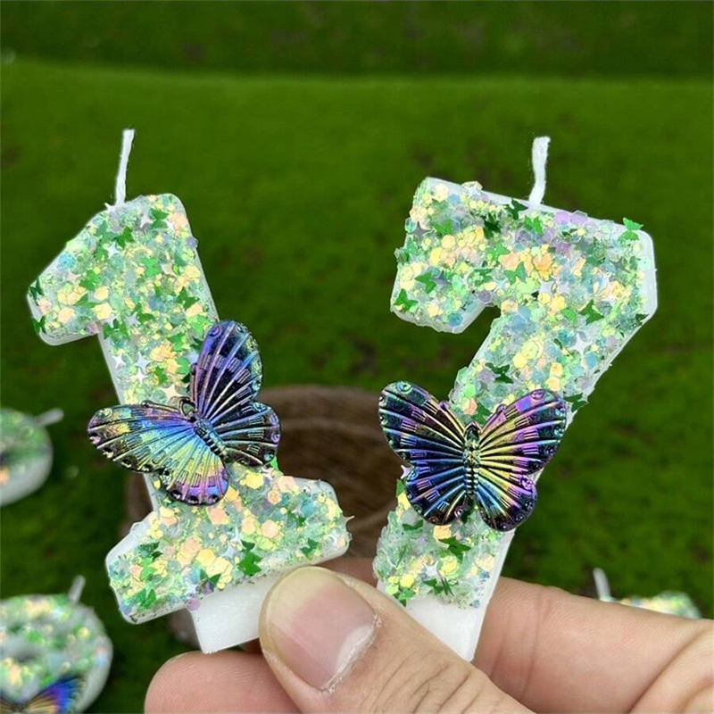 Candle Supplies Usa - 1 PC สีเขียวเลื่อมหมายเลข 0-9 ผีเสื้อเค้กเทียนวันเกิดตกแต่งโปรดปราน Cupcake